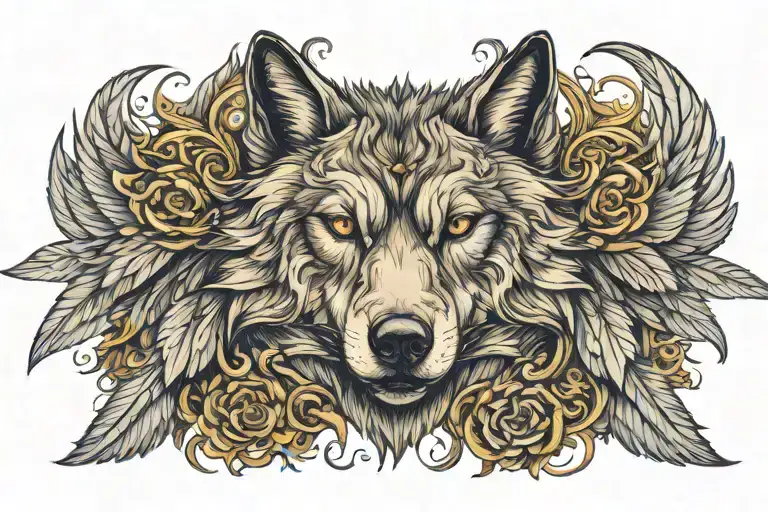 Giant wolf head with demonic and angelic figure surround by wings  tattoo design idea