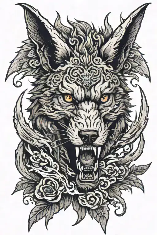demonic and angelic wolf head with wings  tattoo design idea