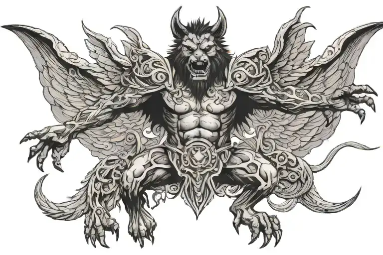 Giant lycanthrope with demonic and angelic figure surround by wings  tattoo design idea