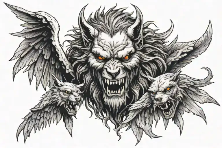 Giant lycanthrope head with demonic and angelic figure surround by wings  tattoo design idea