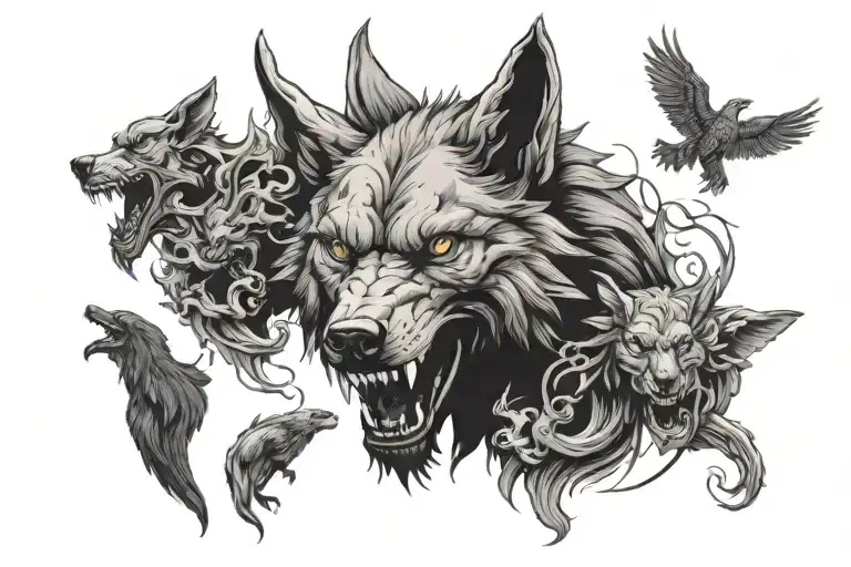 Giant Wolf head with demonic and angelic figure surrounded by demons  tattoo design idea