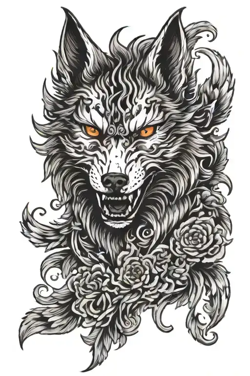 demonic and angelic wolf head with wings  tattoo design idea