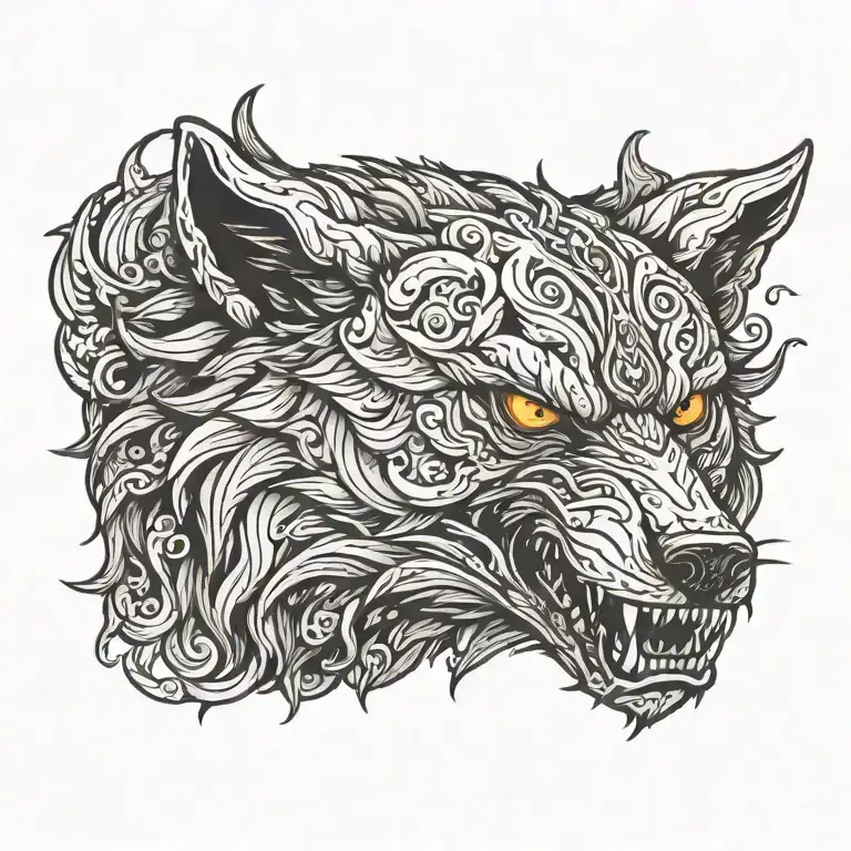 Giant wolf head with demonic and angelic features tattoo design idea