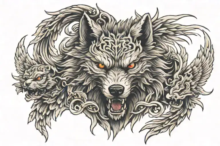 Giant wolf head with demonic and angelic figure surround by wings  tattoo design idea