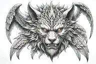 Giant lycanthrope head with demonic and angelic figure surround by wings  tattoo design idea