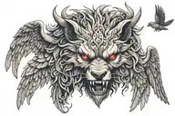 Giant lycanthrope head with demonic and angelic figure surround by wings  tattoo design idea