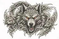 Giant wolf head with demonic and angelic figure surround by wings  tattoo design idea
