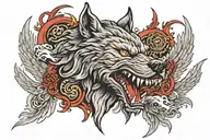 Giant wolf head with demonic and angelic figure surround by wings  tattoo design idea
