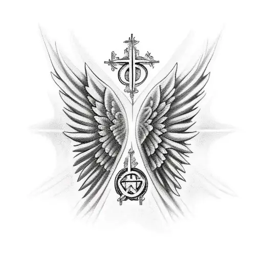 angel wings and cross + number 34 tattoo design idea