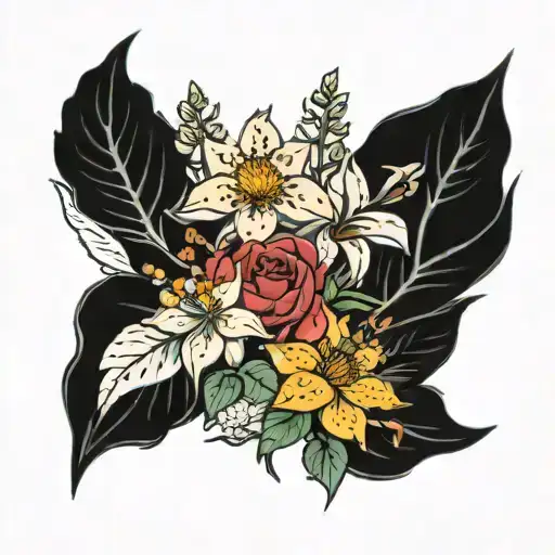 fine line flower bouquet with july june and march birth flower tattoo design idea