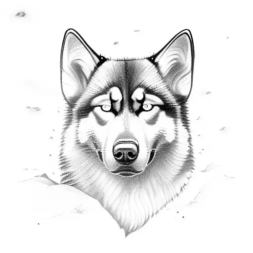 Create a detailed black-grey tattoo of a majestic husky running through the Icelandic landscape, with the Akranes lighthouse in the background tattoo design idea