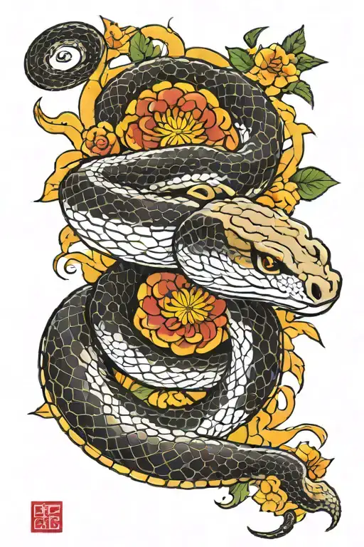 snake eating the sun, flower blooming tattoo design idea