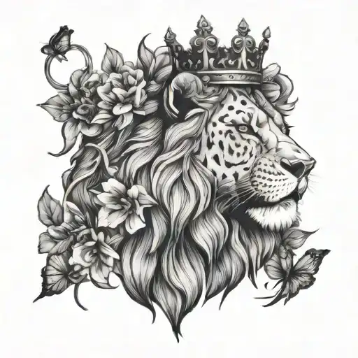 lion with crown butterfly and gladiodus flower tattoo design idea