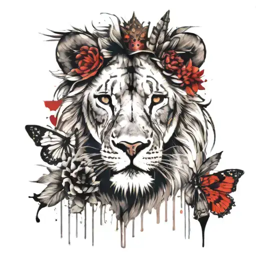 lion with princess crown butterfly and gladiodus flower tattoo design idea