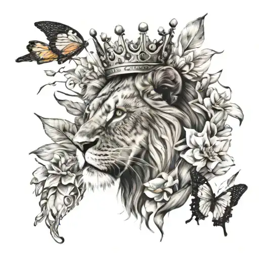lion with crown butterfly and gladiodus flower tattoo design idea