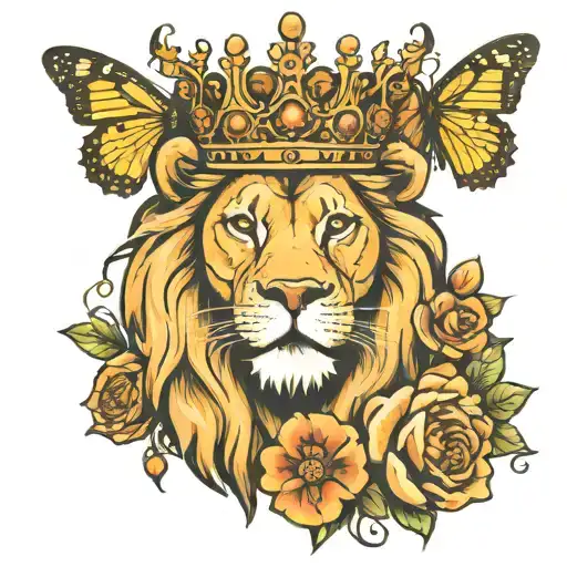 lion with crown butterfly and august flower tattoo design idea