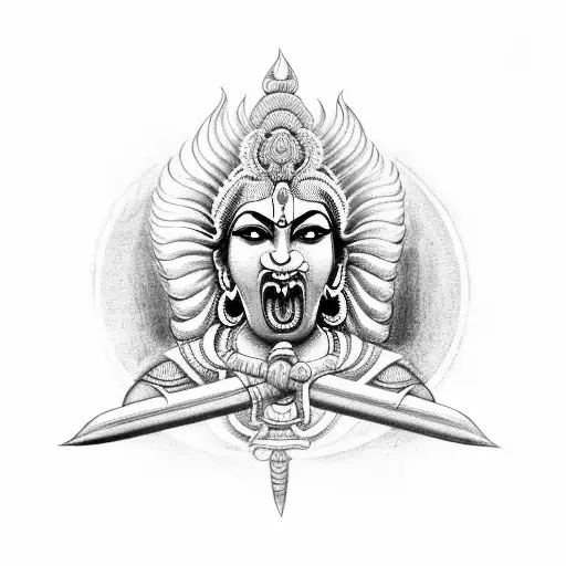 Indian goddess kali's trident being held up in great rage and Kali in the background with mouth open and tongue oustide  tattoo design idea