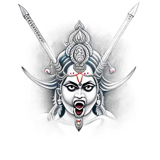 Indian goddess kali's trident being held up in great rage and Kali in the background with mouth open and tongue oustide  tattoo design idea