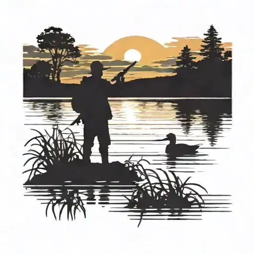 A blackwork tattoo of a duck hunter silhouetted against a sunset on the lake, capturing the essence of duck hunting tattoo design idea