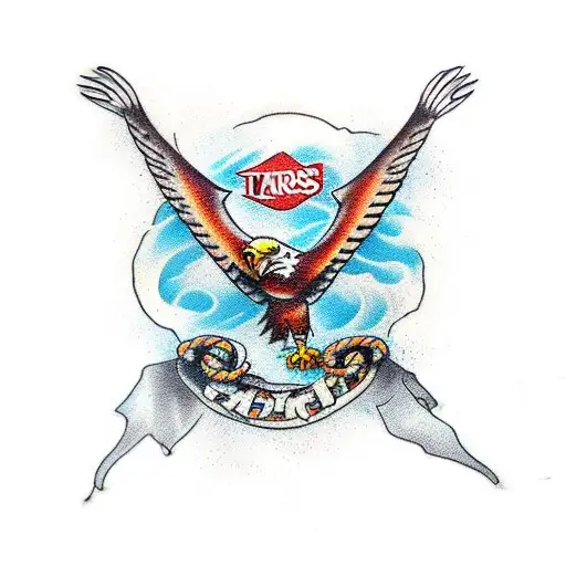  broken chains wrapped around arm , embedded into skin being pulled by eagle talons.  tattoo design idea