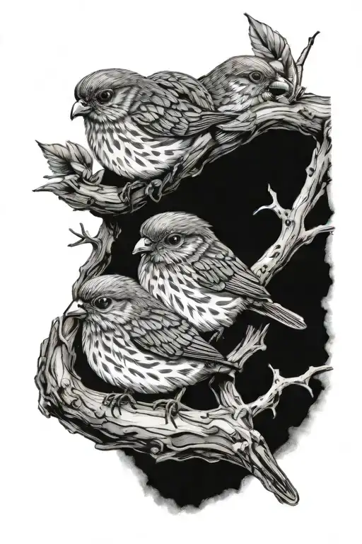 womens eyes looking over 3 little birds perched tattoo design idea