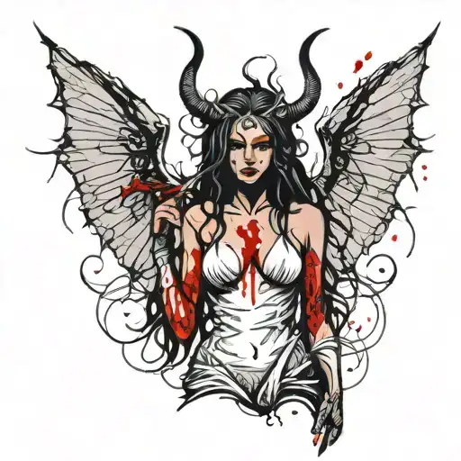 Sexy Nude Black silhouette Woman standing with Horns, torn demonic wings, extremely long nails, and dripping in blood.  tattoo design idea