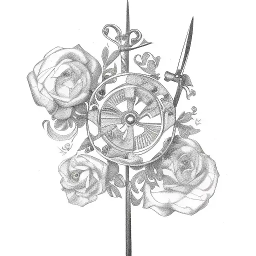 hairdresser scissors with a floral pattern with the Italian flag colors, a fishingpole going through the open blades tattoo design idea