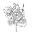 hairdresser scissors with a floral pattern with the Italian flag colors, a fishingpole going through the open blades tattoo design idea