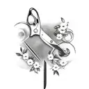 hairdresser scissors with a floral pattern with the Italian flag colors, a fishingpole going through the open blades tattoo design idea