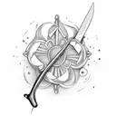 hairdresser scissors with a floral pattern with the Italian flag colors, a fishingpole going through the open blades tattoo design idea