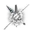 hairdresser scissors with a floral pattern with the Italian flag colors, a fishingpole going through the open blades tattoo design idea