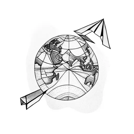A minimalist tattoo of a paper airplane flying over a world map tattoo design idea