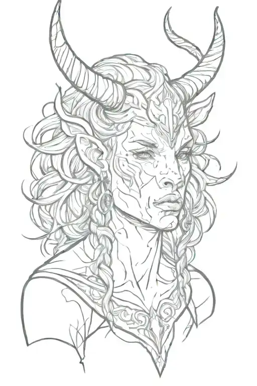 Minotaur girl with bare chest and boar's head tattoo design idea