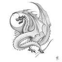 A majestic dragon flying over a traditional South East Asian landscape tattoo design idea