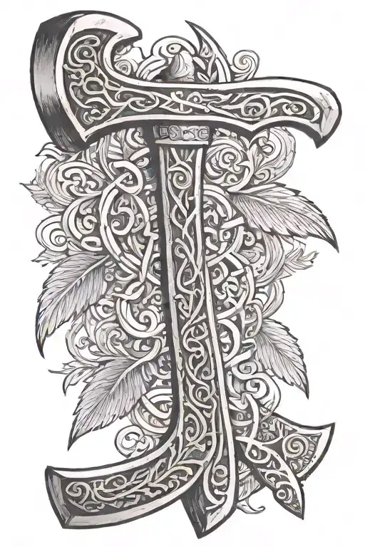 long handled single blade traditional Viking axe with cross binding runes on blade and linear bind runes on handle  tattoo design idea