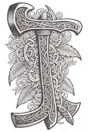 long handled single blade traditional Viking axe with cross binding runes on blade and linear bind runes on handle  tattoo design idea