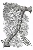 long handled single blade traditional Viking axe with cross binding runes on blade and linear bind runes on handle  tattoo design idea