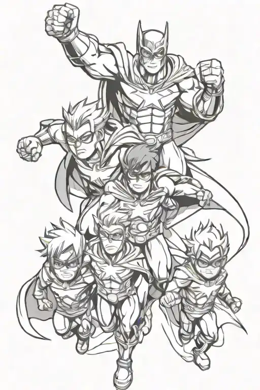 father and twin boys super hero tattoo design idea