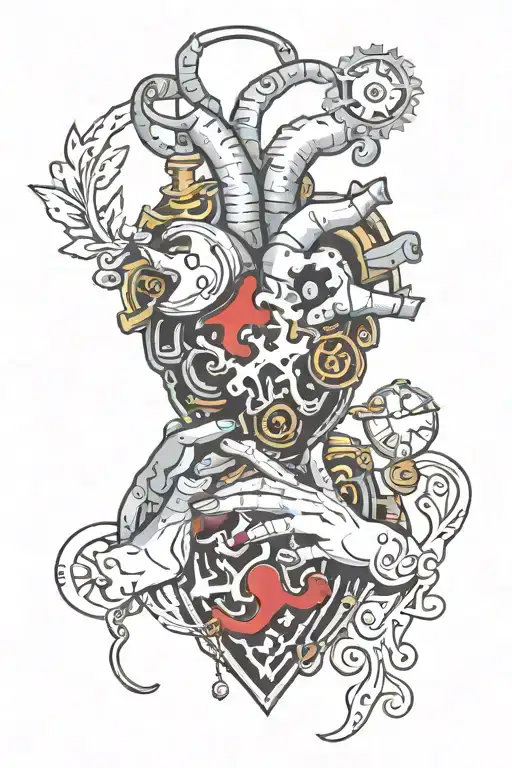 A tattoo design featuring two realistic hands holding a heart made of autism puzzle pieces in a steampunk style. The hea tattoo design idea