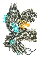 two hands holding a heart made up of autism puzzle pieces steampunk style tattoo design idea