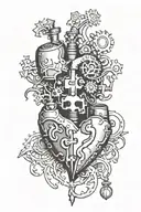 A tattoo design featuring two realistic hands holding a heart made of autism puzzle pieces in a steampunk style. The hea tattoo design idea