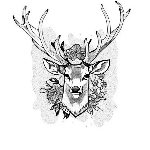 stag with flowers in its antlers tattoo design idea