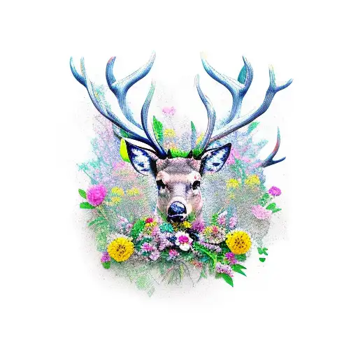 stag with flowers in its antlers tattoo design idea