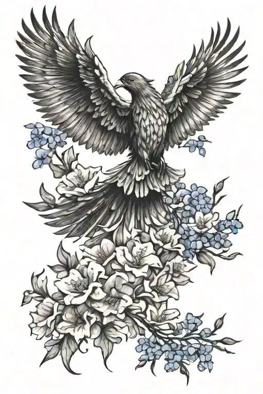 feminine rising phoenix soaring from larkspur flowers tattoo design idea