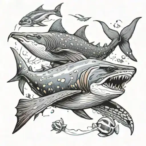 scuba diver exploring, humpback whale, giant pacific octopus, clown fish, spotted eagle ray, tiger shark, garabaldi  tattoo design idea