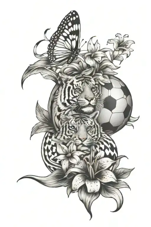 Tiger lily flowers with small basketball and football with autism puzzle piece heart tattoo design idea
