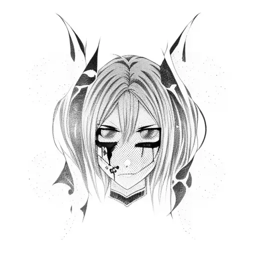 anime girl, gore, dark, lines, black and white, tattoo design, blood  tattoo design idea