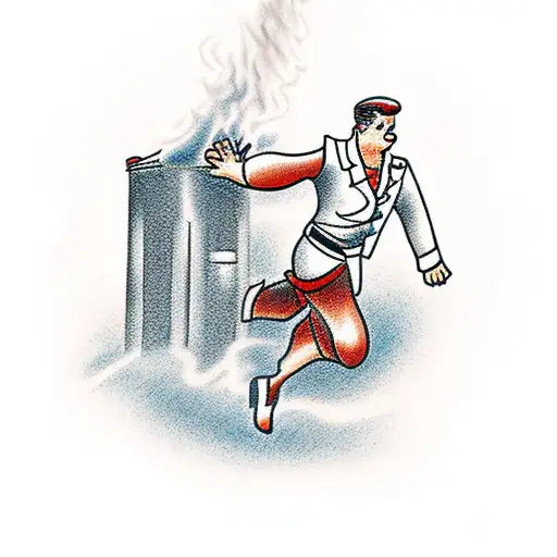 man running from a burning watchtower tattoo design idea
