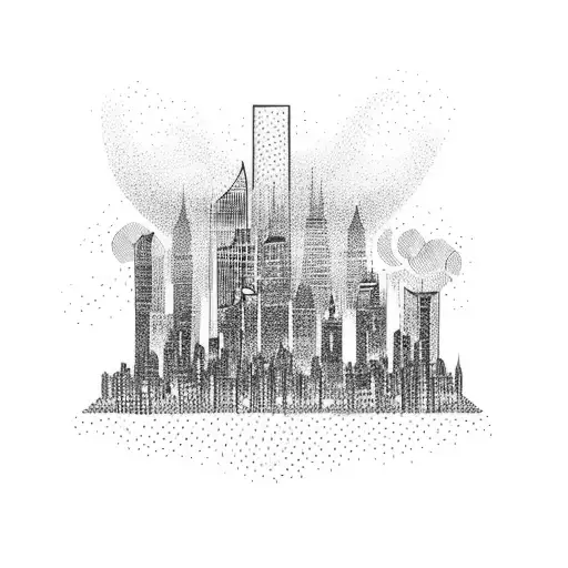 An abstract blackwork tattoo of a city skyline with the buildings shaped like swimmers in different poses. tattoo design idea