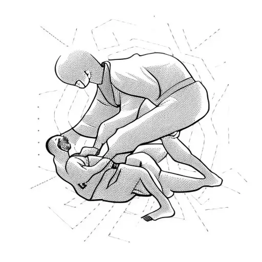 A black-grey tattoo of a person practicing jiu jitsu, with their body transforming into a winding hiking trail. tattoo design idea